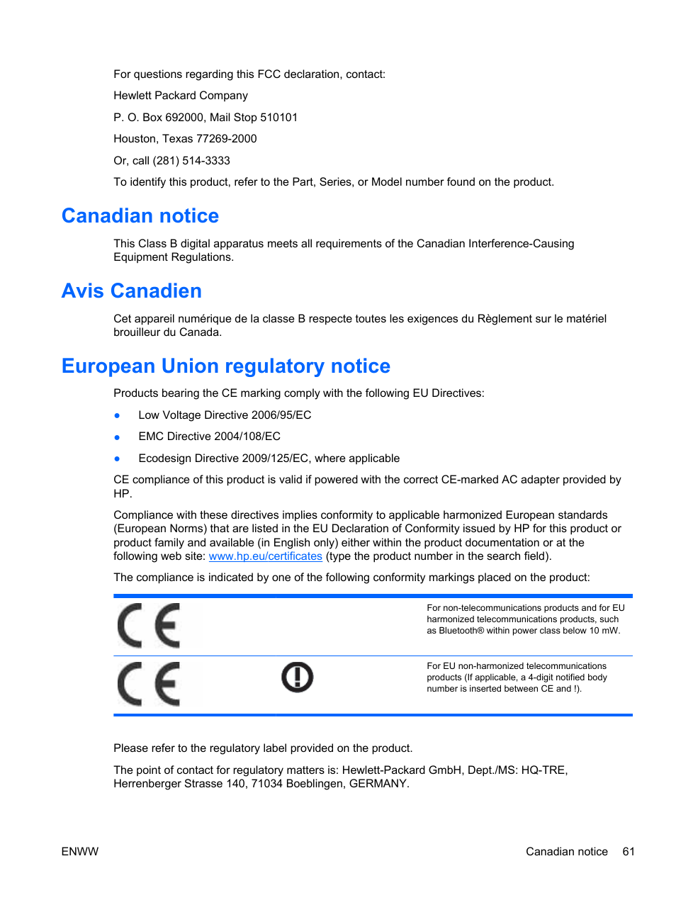 Canadian notice, Avis canadien, European union regulatory notice | HP LD4730 47-inch Micro-Bezel Video Wall Display User Manual | Page 69 / 72