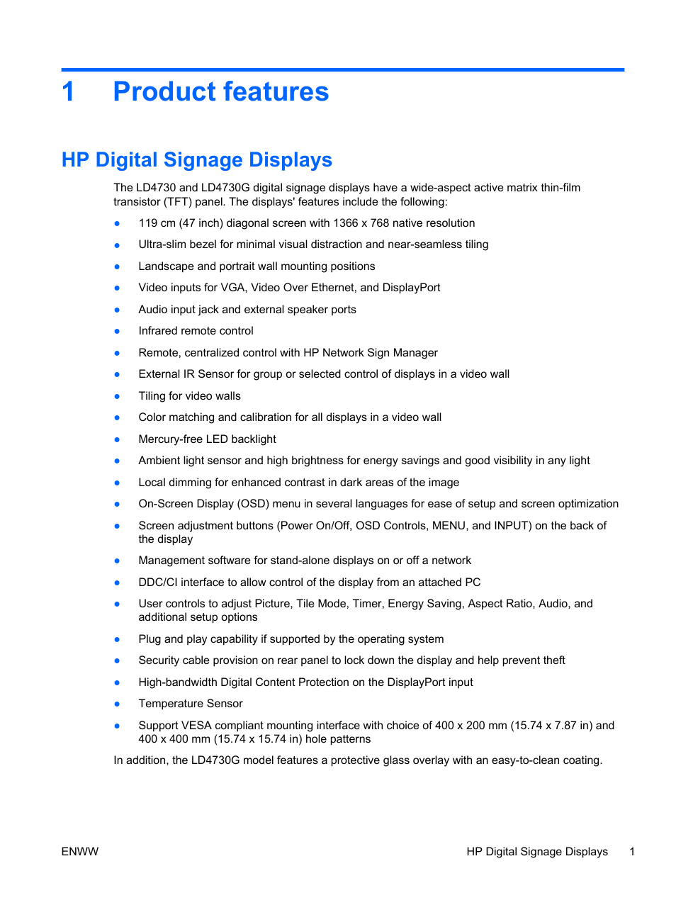 Product features, Hp digital signage displays, 1 product features | 1product features | HP LD4730 47-inch Micro-Bezel Video Wall Display User Manual | Page 9 / 72