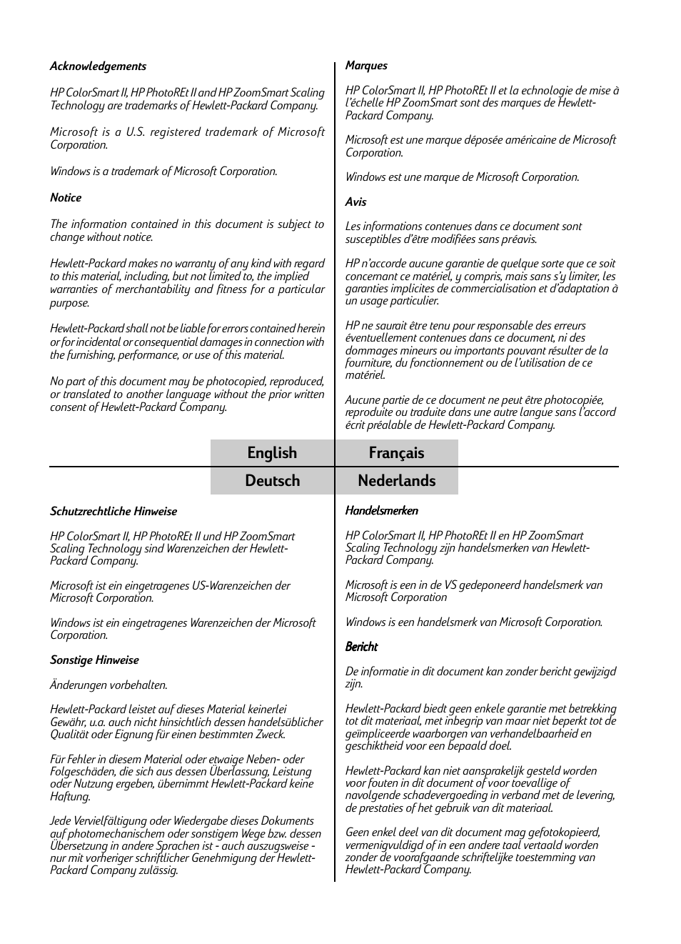 English français deutsch nederlands | HP Imprimante HP Deskjet 1120cxi User Manual | Page 2 / 112