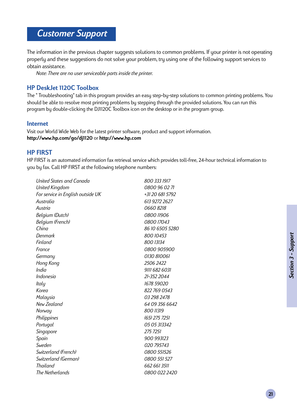 Customer support, Hp deskjet 1120c toolbox, Internet | Hp first | HP Imprimante HP Deskjet 1120cxi User Manual | Page 23 / 112