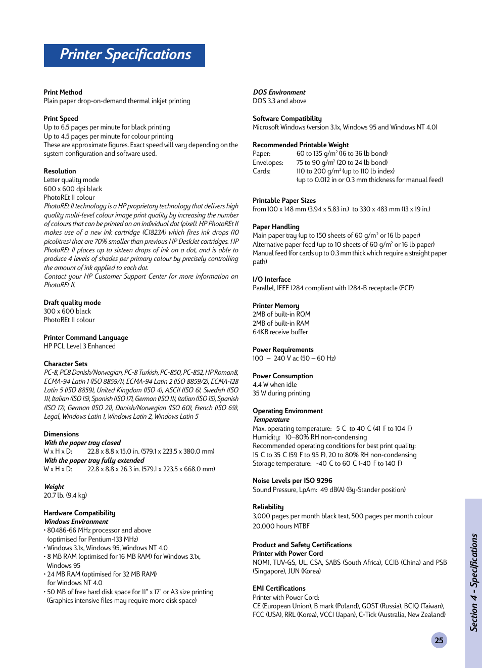 Section, Printer specifications, Specifications | HP Imprimante HP Deskjet 1120cxi User Manual | Page 27 / 112