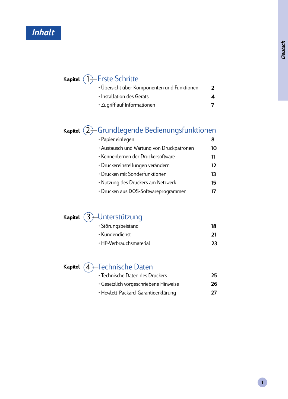 Benutzerhandbuch, Inhalt, 24 unterstützung 3 | HP Imprimante HP Deskjet 1120cxi User Manual | Page 30 / 112