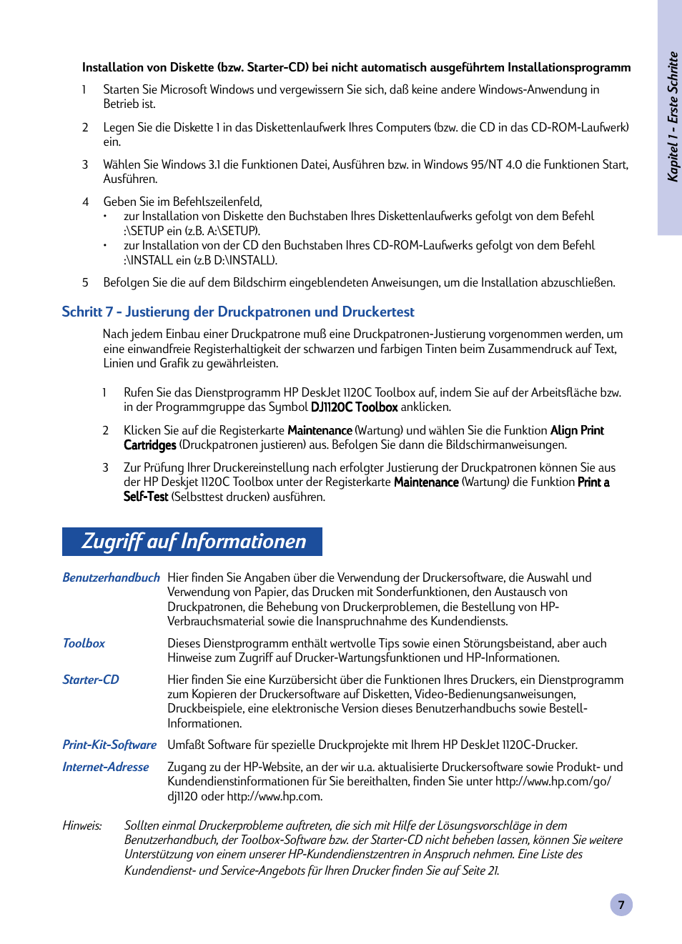 Zugriff auf informationen | HP Imprimante HP Deskjet 1120cxi User Manual | Page 36 / 112