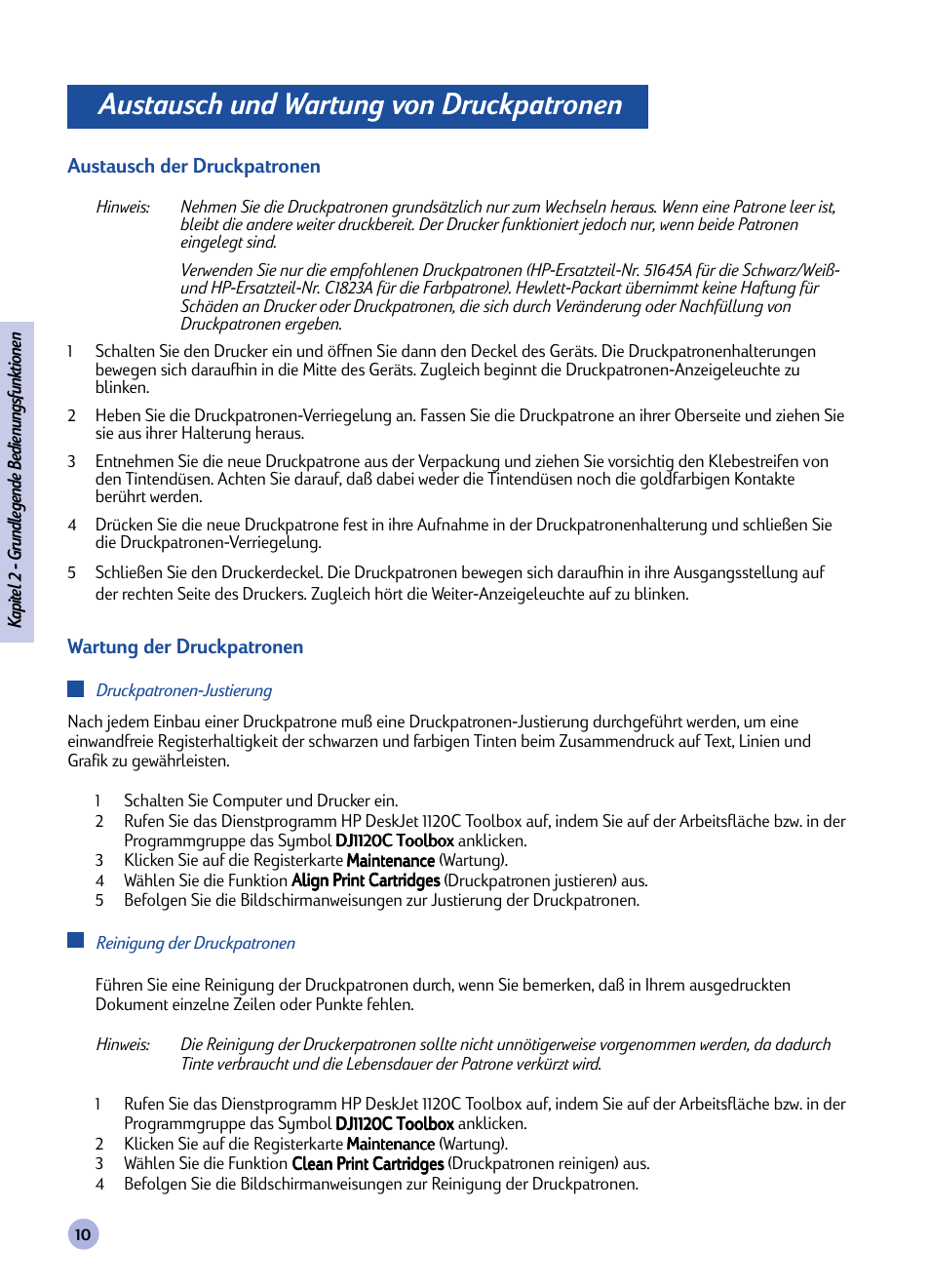 Austausch und wartung von druckpatronen | HP Imprimante HP Deskjet 1120cxi User Manual | Page 39 / 112