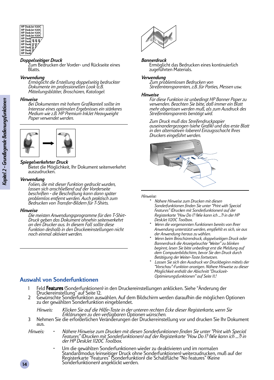 Auswahl von sonderfunktionen | HP Imprimante HP Deskjet 1120cxi User Manual | Page 43 / 112