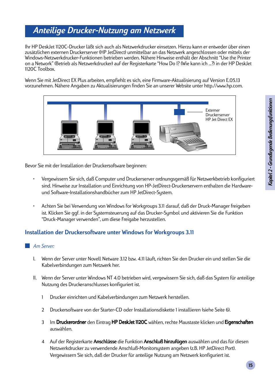 Nutzung des druckers am netzwerk, Anteilige drucker-nutzung am netzwerk | HP Imprimante HP Deskjet 1120cxi User Manual | Page 44 / 112