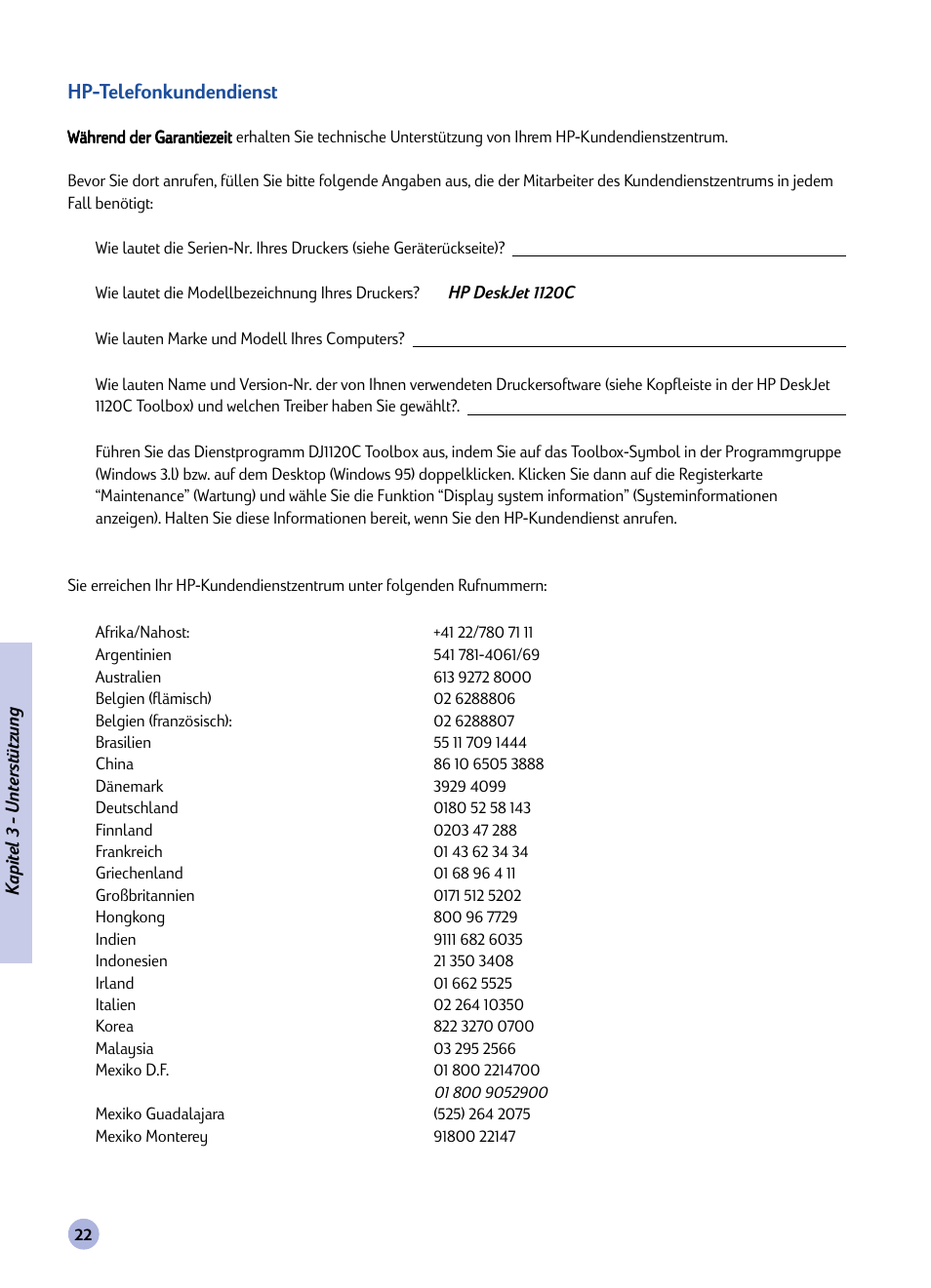 Hp-telefonkundendienst | HP Imprimante HP Deskjet 1120cxi User Manual | Page 51 / 112