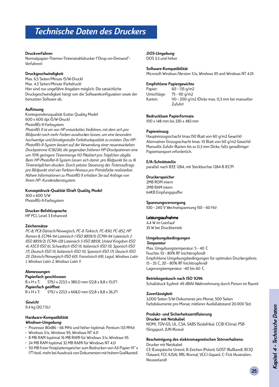 Kapitel, Technische daten des druckers, Technische daten | Kapitel 4 - t echnische daten | HP Imprimante HP Deskjet 1120cxi User Manual | Page 54 / 112