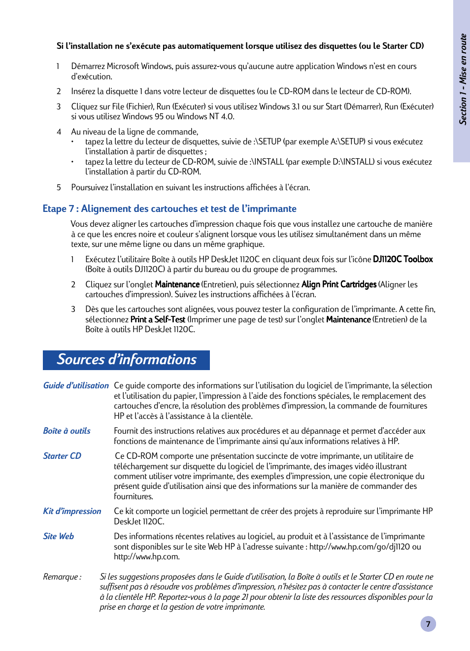 Sources d’informations | HP Imprimante HP Deskjet 1120cxi User Manual | Page 63 / 112