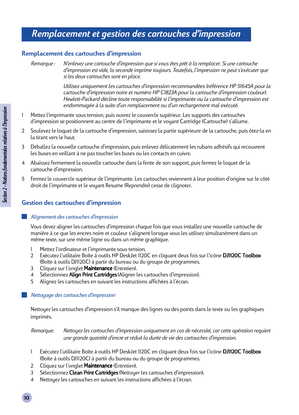 Remplacement et gestion des cartouches, D’impression | HP Imprimante HP Deskjet 1120cxi User Manual | Page 66 / 112