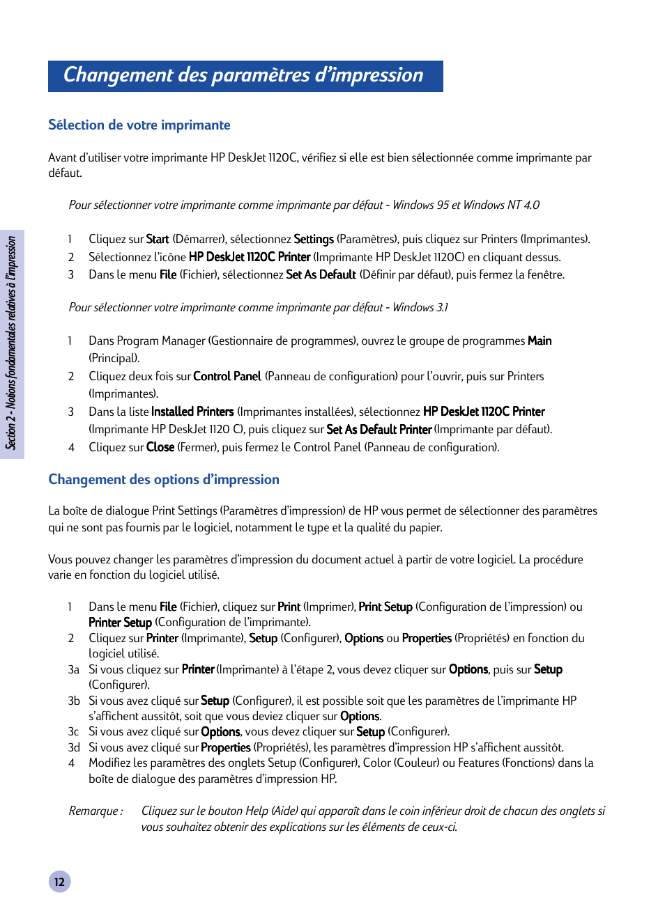 Présentation du logiciel de votre imprimante, Changement des paramètres d’impression | HP Imprimante HP Deskjet 1120cxi User Manual | Page 68 / 112