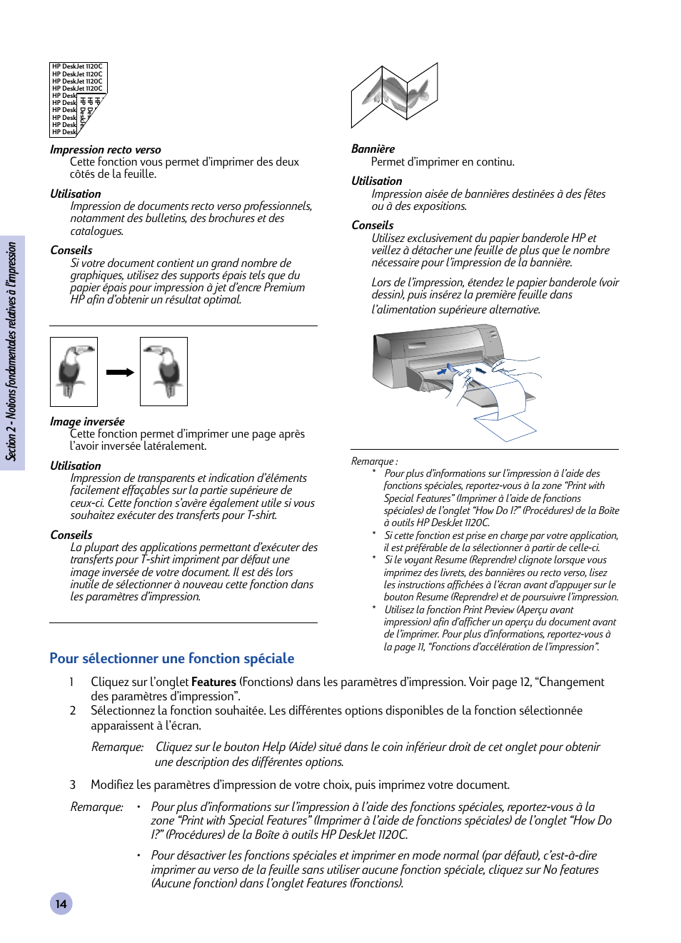 Pour sélectionner une fonction spéciale | HP Imprimante HP Deskjet 1120cxi User Manual | Page 70 / 112