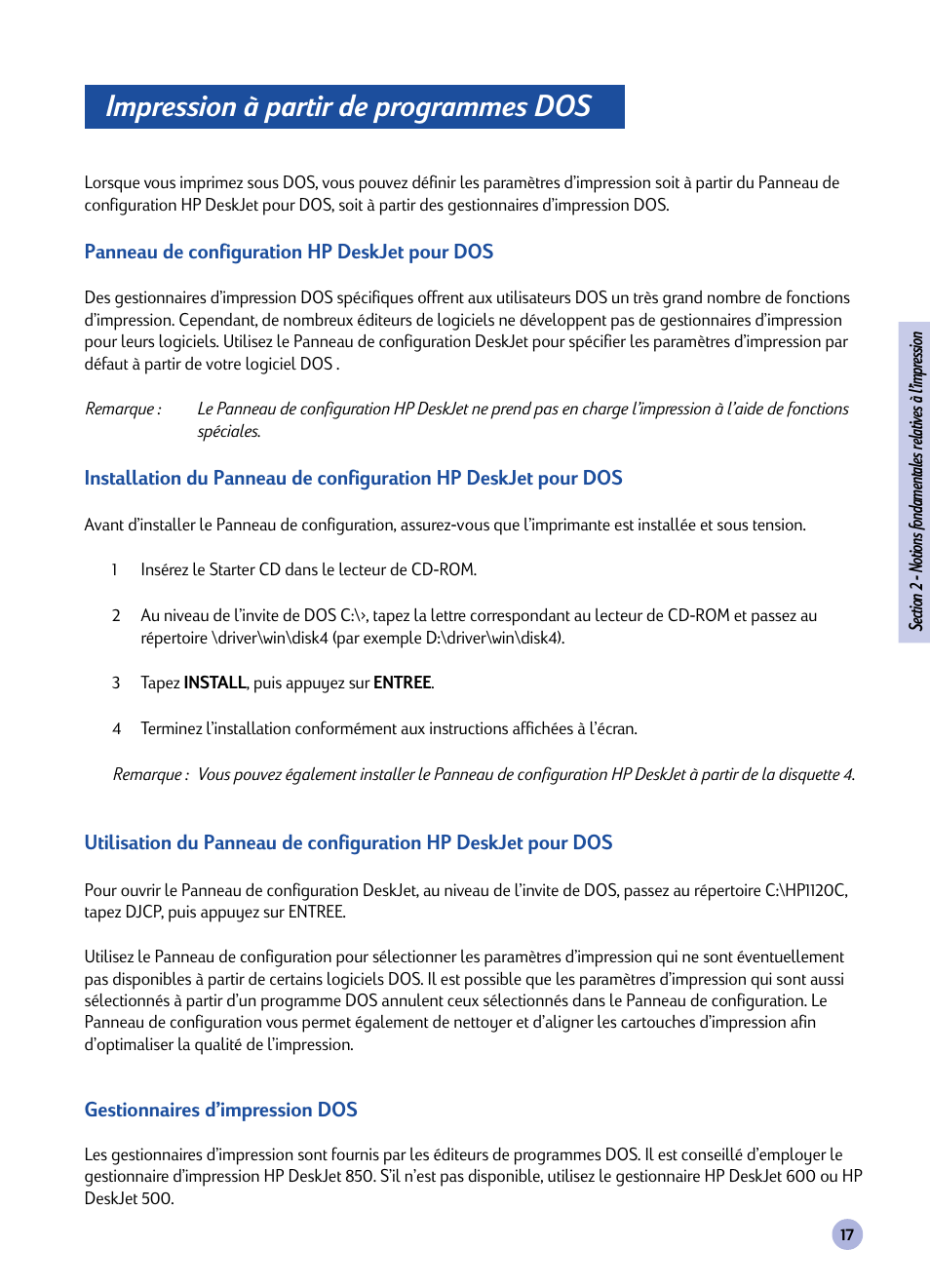 Impression à partir de programmes dos | HP Imprimante HP Deskjet 1120cxi User Manual | Page 73 / 112