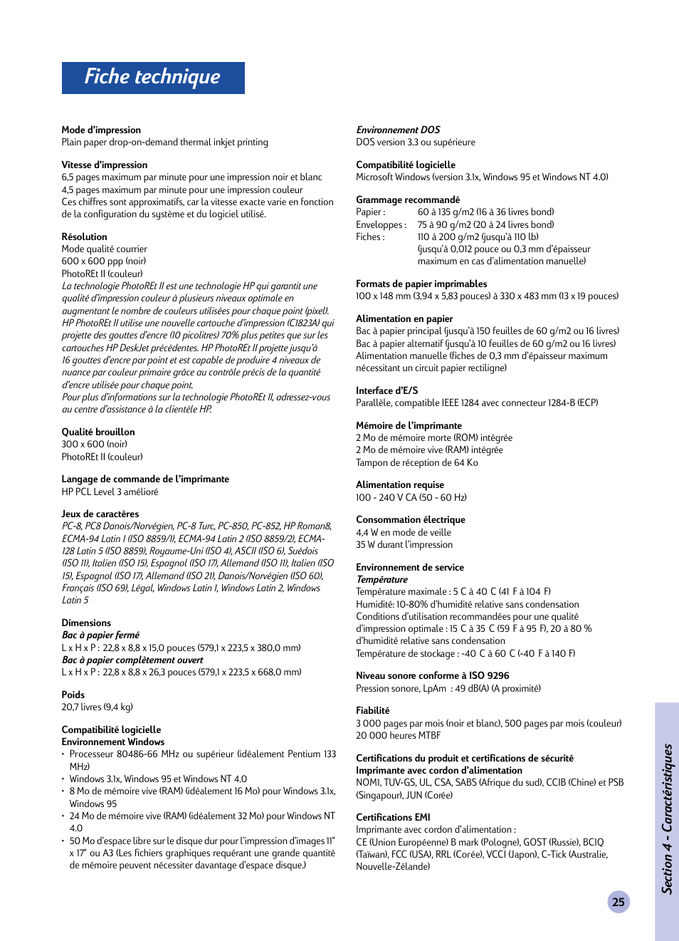 Section, Fiche technique, Caractéristiques | HP Imprimante HP Deskjet 1120cxi User Manual | Page 81 / 112