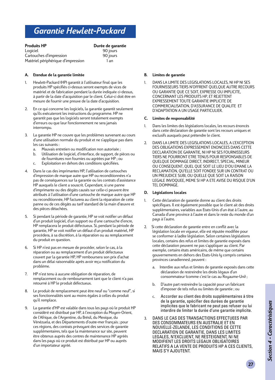 Garantie hewlett-packard | HP Imprimante HP Deskjet 1120cxi User Manual | Page 83 / 112