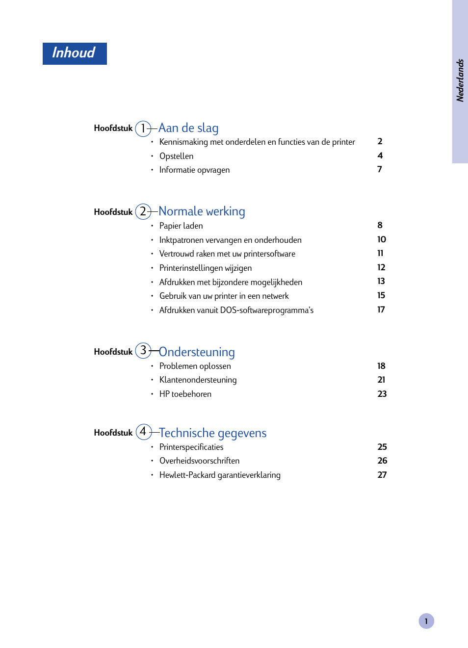 Handleiding, Inhoud, 1aan de slag normale werking technische gegevens | 24 ondersteuning 3 | HP Imprimante HP Deskjet 1120cxi User Manual | Page 84 / 112