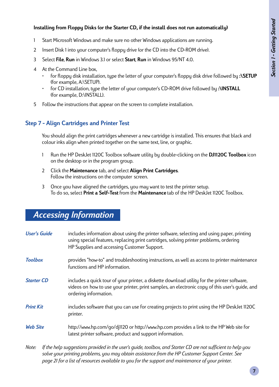 Accessing information | HP Imprimante HP Deskjet 1120cxi User Manual | Page 9 / 112