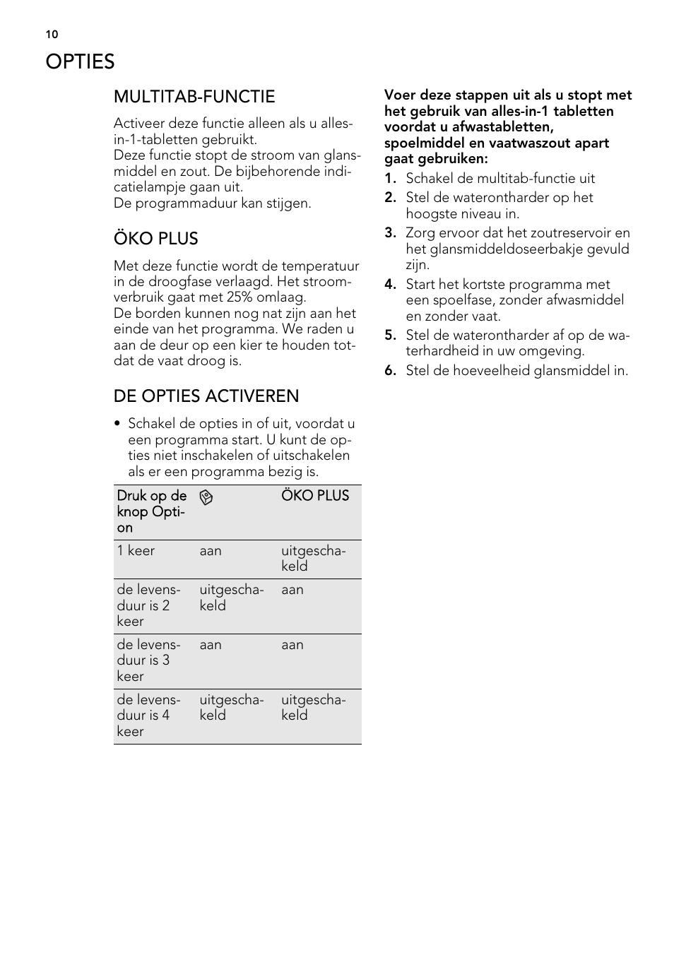 Opties, Multitab-functie, Öko plus | De opties activeren | AEG FAV50KIM0P User Manual | Page 10 / 88