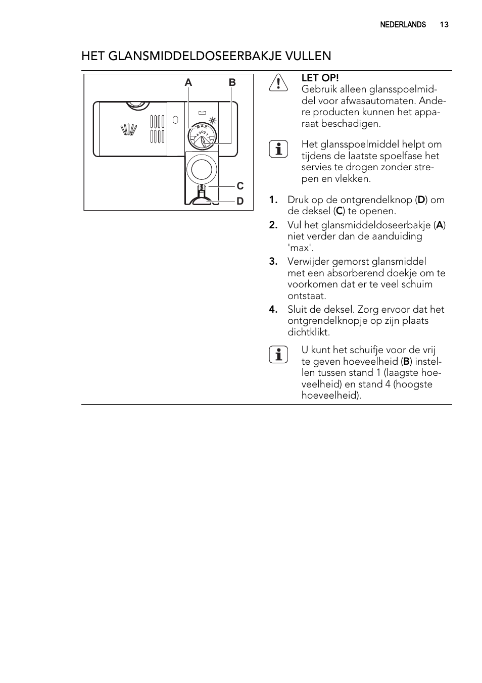 Het glansmiddeldoseerbakje vullen | AEG FAV50KIM0P User Manual | Page 13 / 88