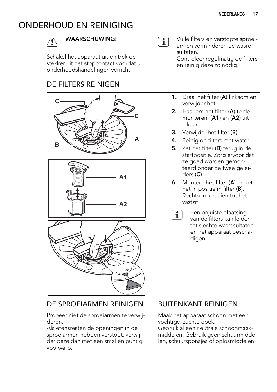 Onderhoud en reiniging, De filters reinigen, De sproeiarmen reinigen | Buitenkant reinigen | AEG FAV50KIM0P User Manual | Page 17 / 88