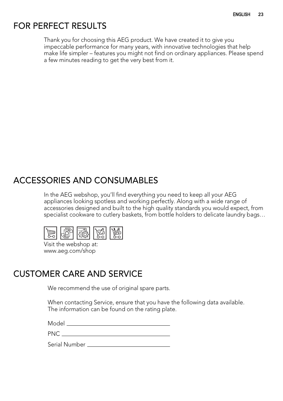 For perfect results, Accessories and consumables, Customer care and service | AEG FAV50KIM0P User Manual | Page 23 / 88