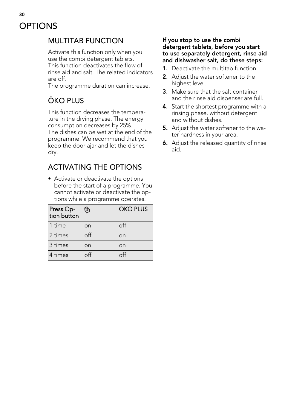 Options, Multitab function, Öko plus | Activating the options | AEG FAV50KIM0P User Manual | Page 30 / 88