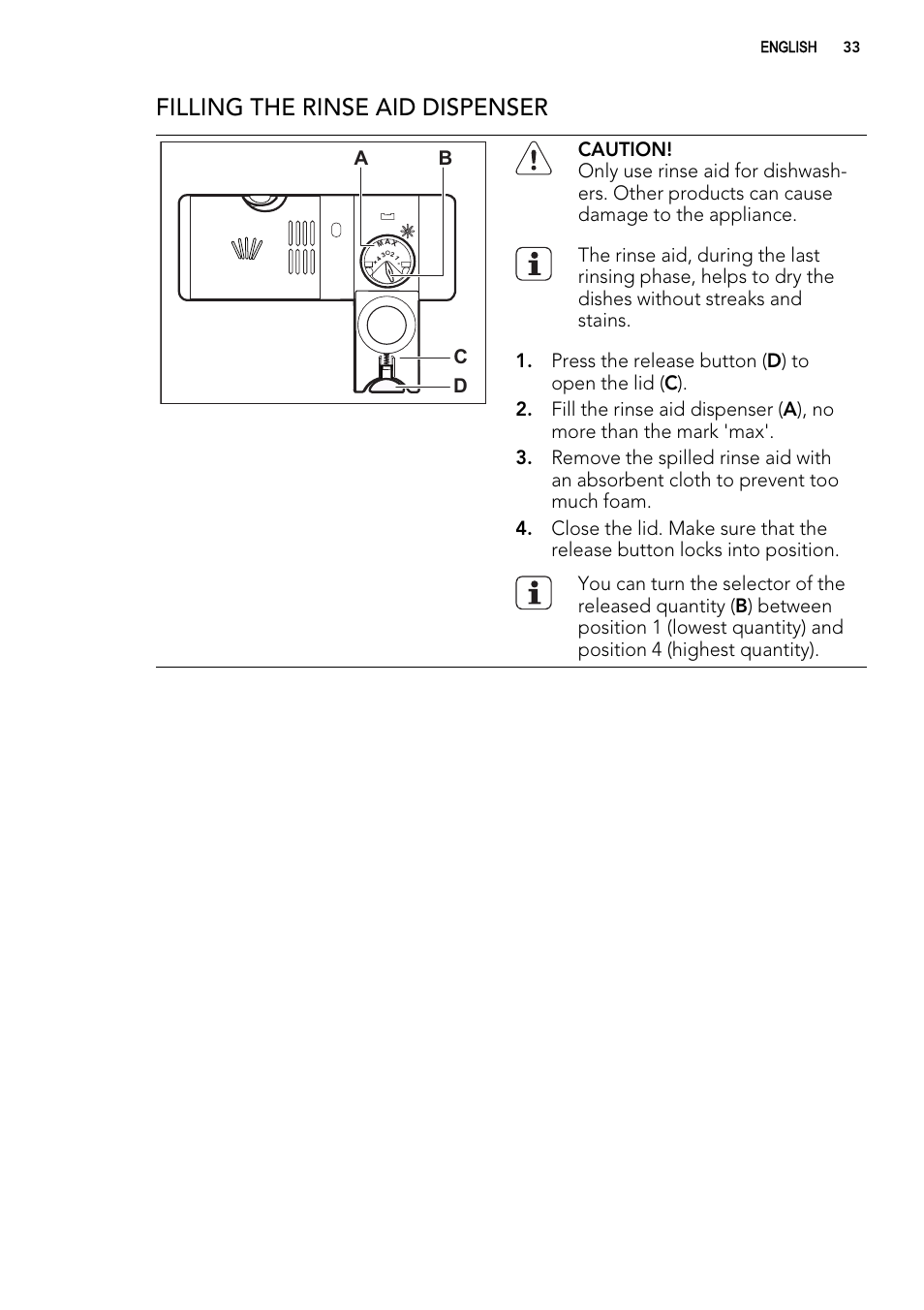Filling the rinse aid dispenser | AEG FAV50KIM0P User Manual | Page 33 / 88