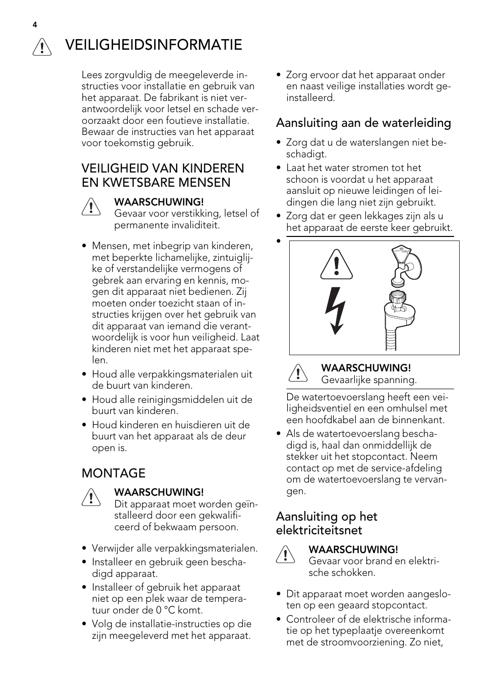 Veiligheidsinformatie, Veiligheid van kinderen en kwetsbare mensen, Montage | Aansluiting aan de waterleiding, Aansluiting op het elektriciteitsnet | AEG FAV50KIM0P User Manual | Page 4 / 88
