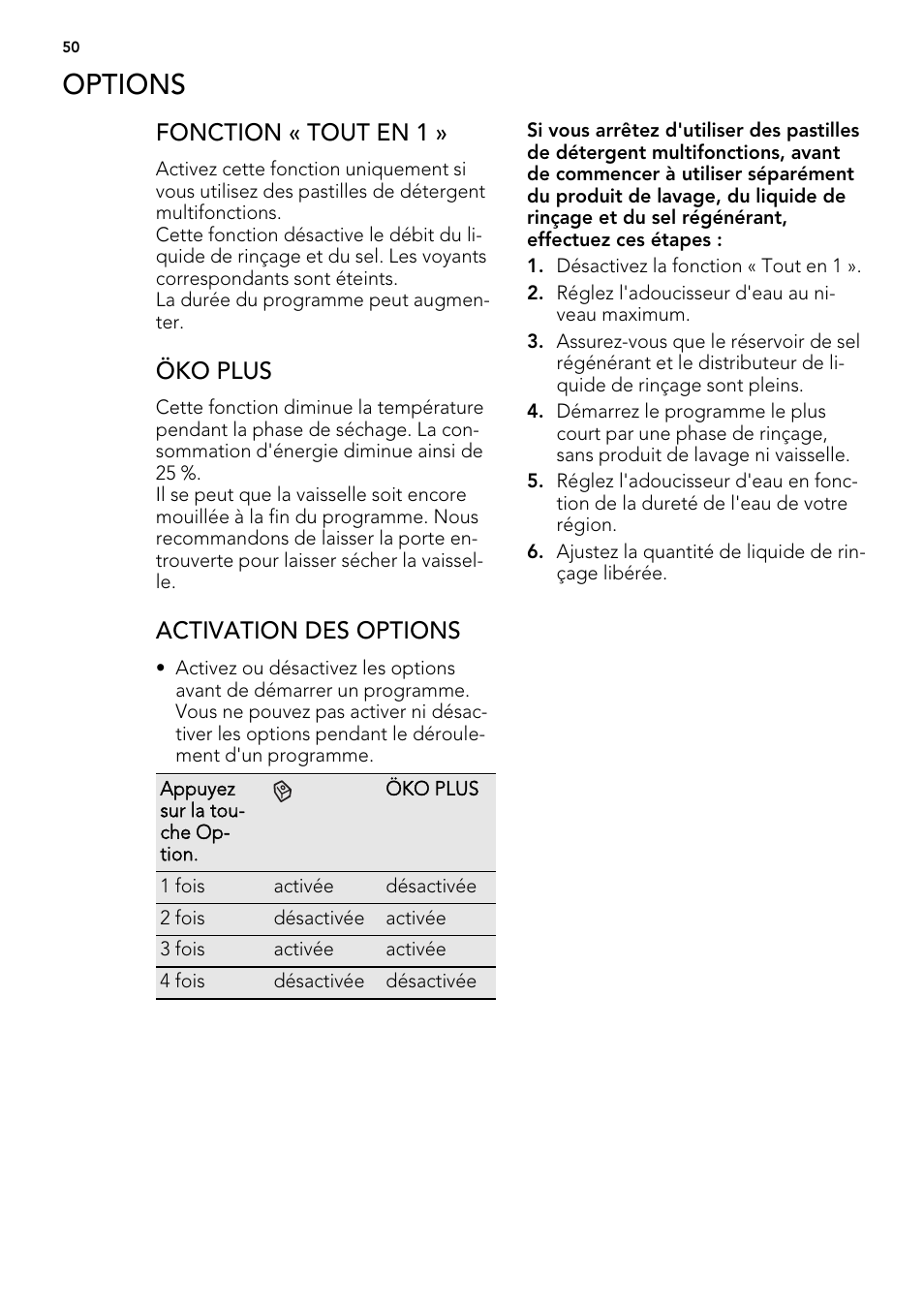 Options, Fonction « tout en 1, Öko plus | Activation des options | AEG FAV50KIM0P User Manual | Page 50 / 88