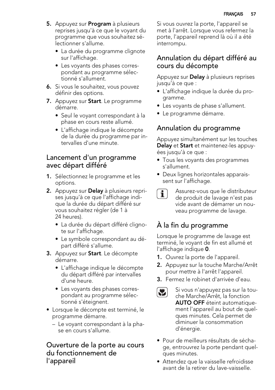 Lancement d'un programme avec départ différé, Annulation du départ différé au cours du décompte, Annulation du programme | À la fin du programme | AEG FAV50KIM0P User Manual | Page 57 / 88