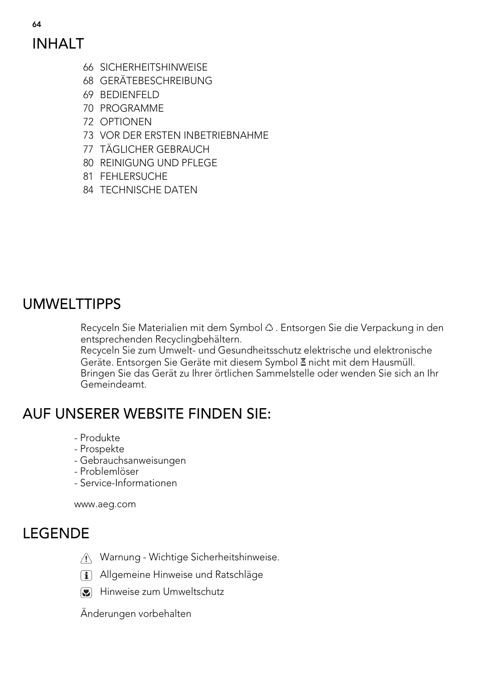 Inhalt, Umwelttipps, Auf unserer website finden sie | Legende | AEG FAV50KIM0P User Manual | Page 64 / 88