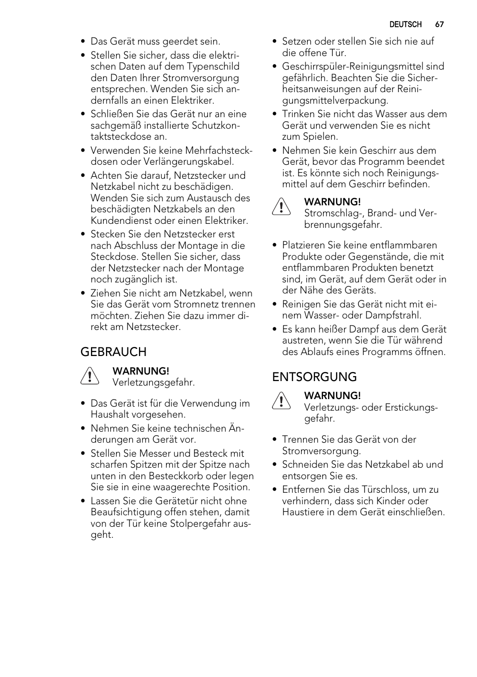 Gebrauch, Entsorgung | AEG FAV50KIM0P User Manual | Page 67 / 88
