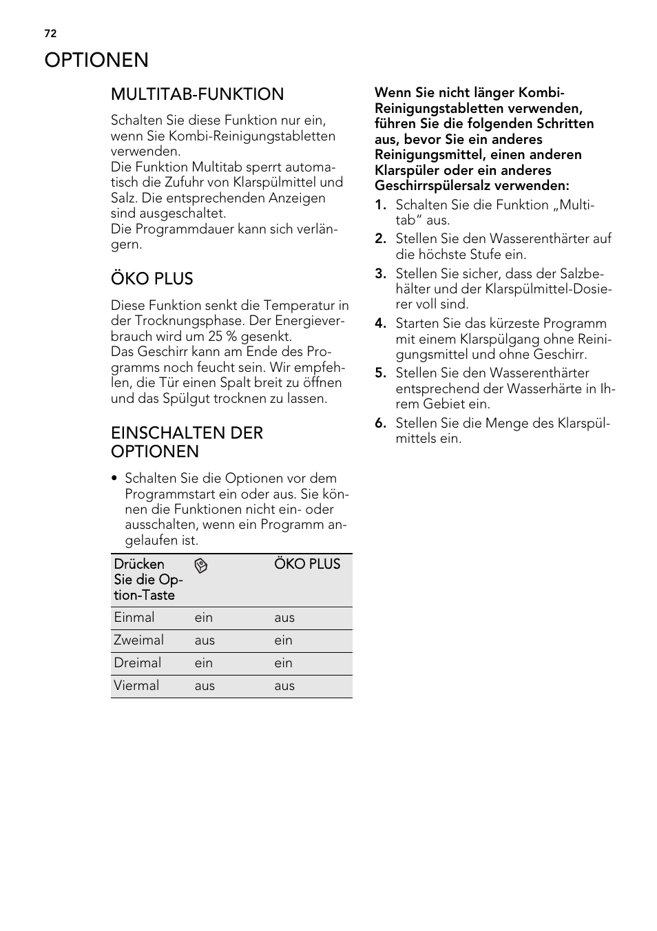 Optionen, Multitab-funktion, Öko plus | Einschalten der optionen | AEG FAV50KIM0P User Manual | Page 72 / 88