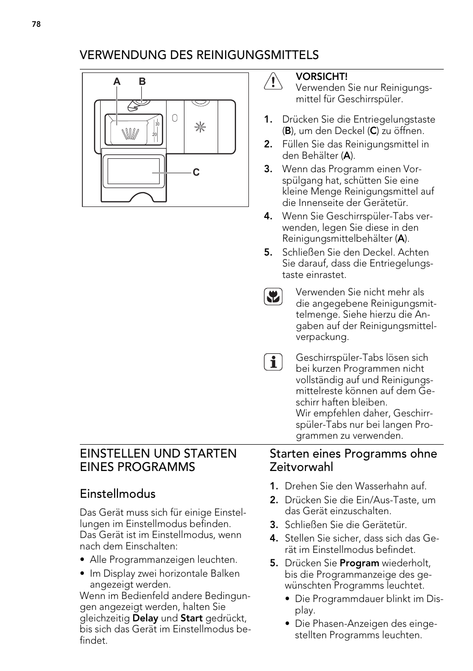 Verwendung des reinigungsmittels, Starten eines programms ohne zeitvorwahl | AEG FAV50KIM0P User Manual | Page 78 / 88