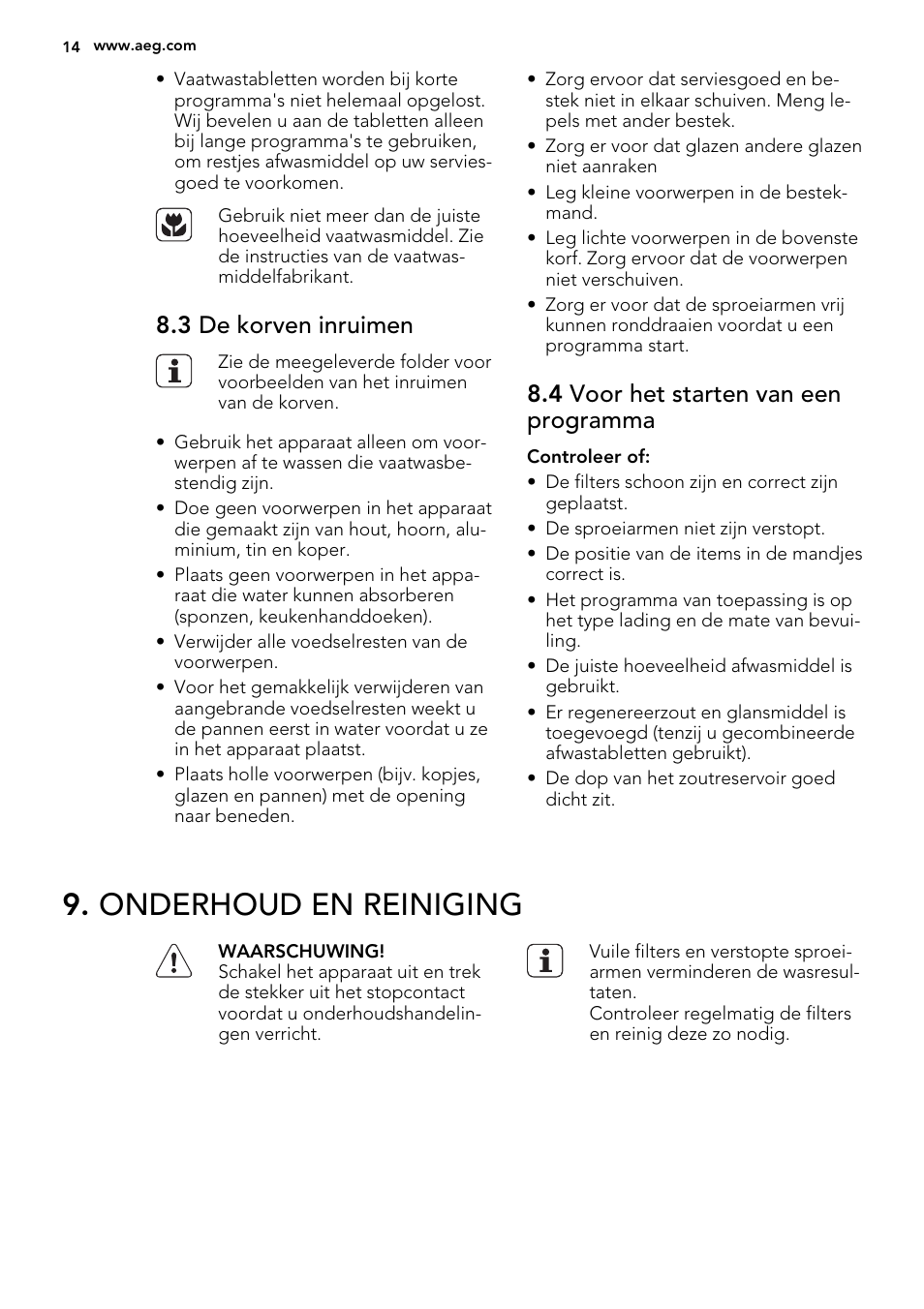 Onderhoud en reiniging, 3 de korven inruimen, 4 voor het starten van een programma | AEG F78420IM0P User Manual | Page 14 / 72