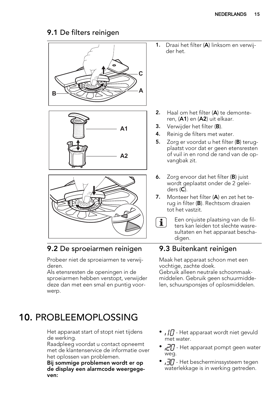 Probleemoplossing, 1 de filters reinigen, 2 de sproeiarmen reinigen | 3 buitenkant reinigen | AEG F78420IM0P User Manual | Page 15 / 72