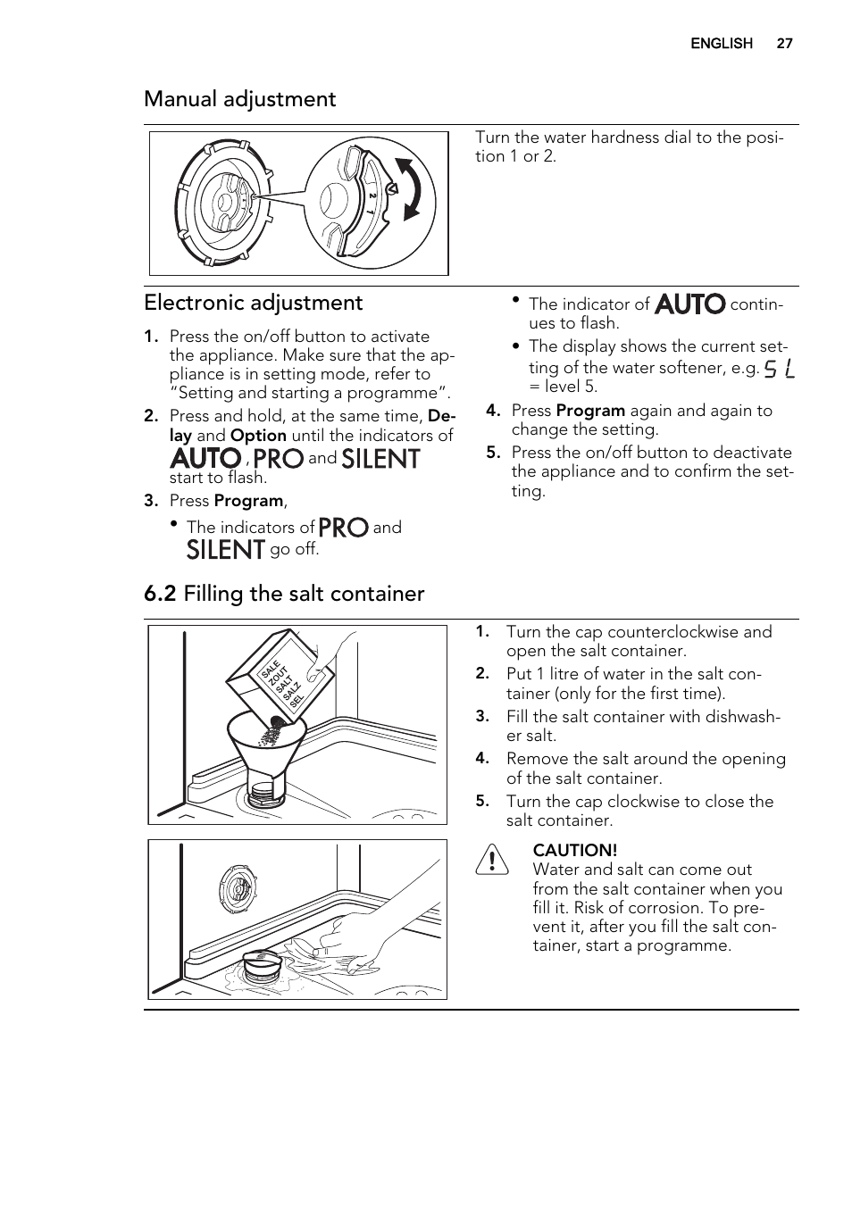 Manual adjustment, Electronic adjustment, 2 filling the salt container | AEG F78420IM0P User Manual | Page 27 / 72