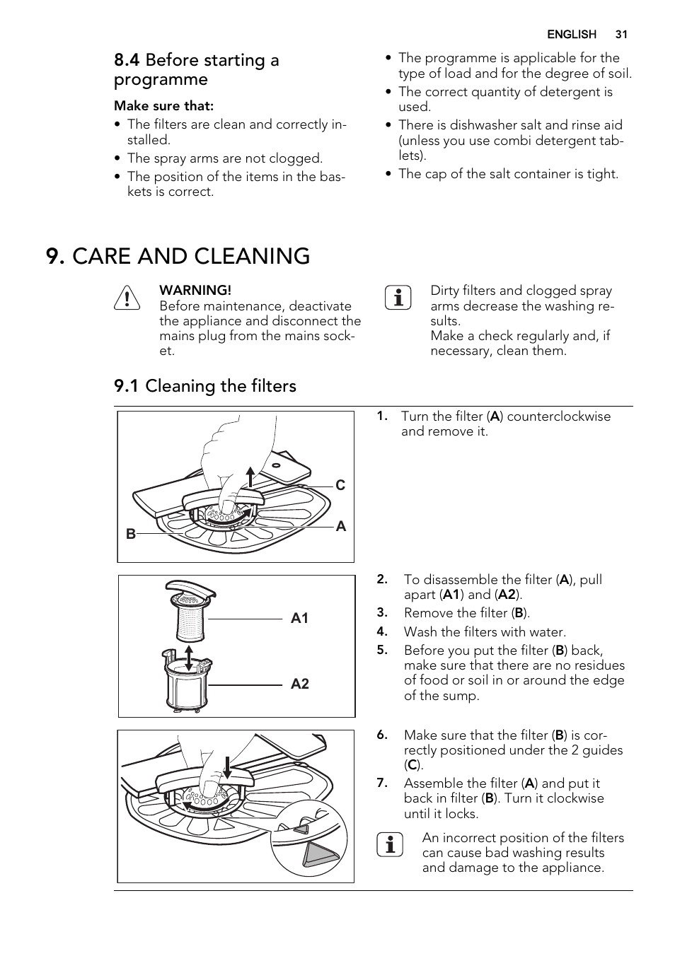 Care and cleaning, 4 before starting a programme, 1 cleaning the filters | AEG F78420IM0P User Manual | Page 31 / 72