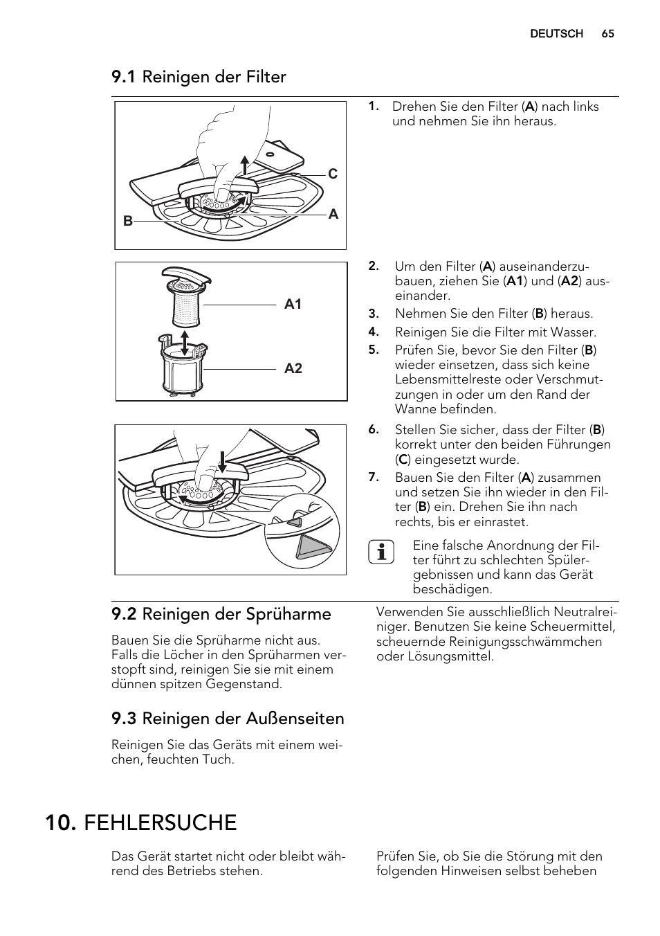 Fehlersuche, 1 reinigen der filter, 2 reinigen der sprüharme | 3 reinigen der außenseiten | AEG F78420IM0P User Manual | Page 65 / 72