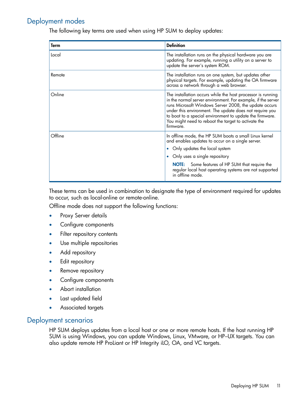 Deployment modes, Deployment scenarios, Deployment modes deployment scenarios | HP Smart Update Manager (User Guide) User Manual | Page 11 / 79