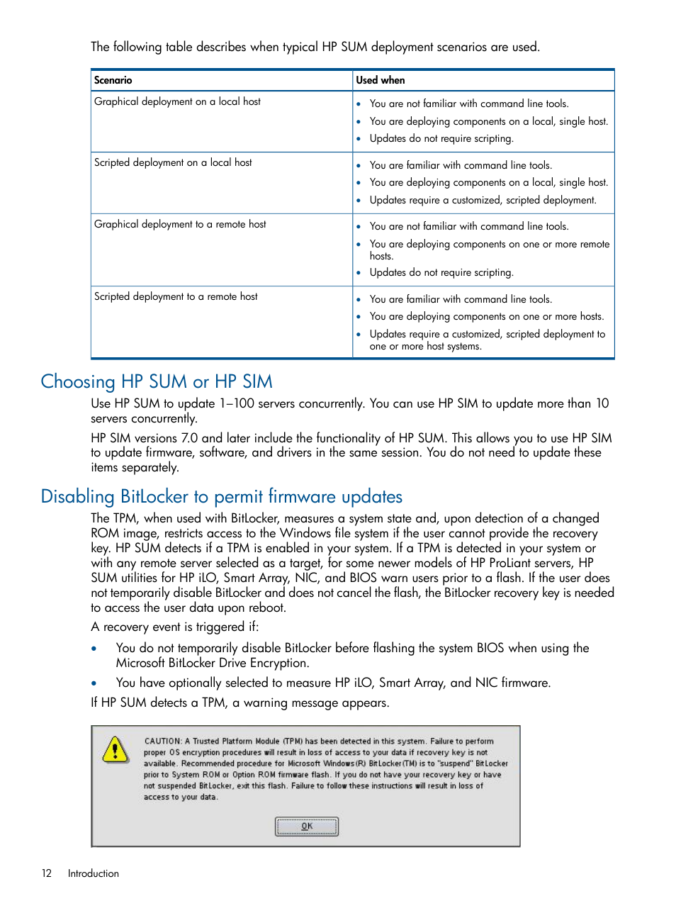 Choosing hp sum or hp sim, Disabling bitlocker to permit firmware updates | HP Smart Update Manager (User Guide) User Manual | Page 12 / 79