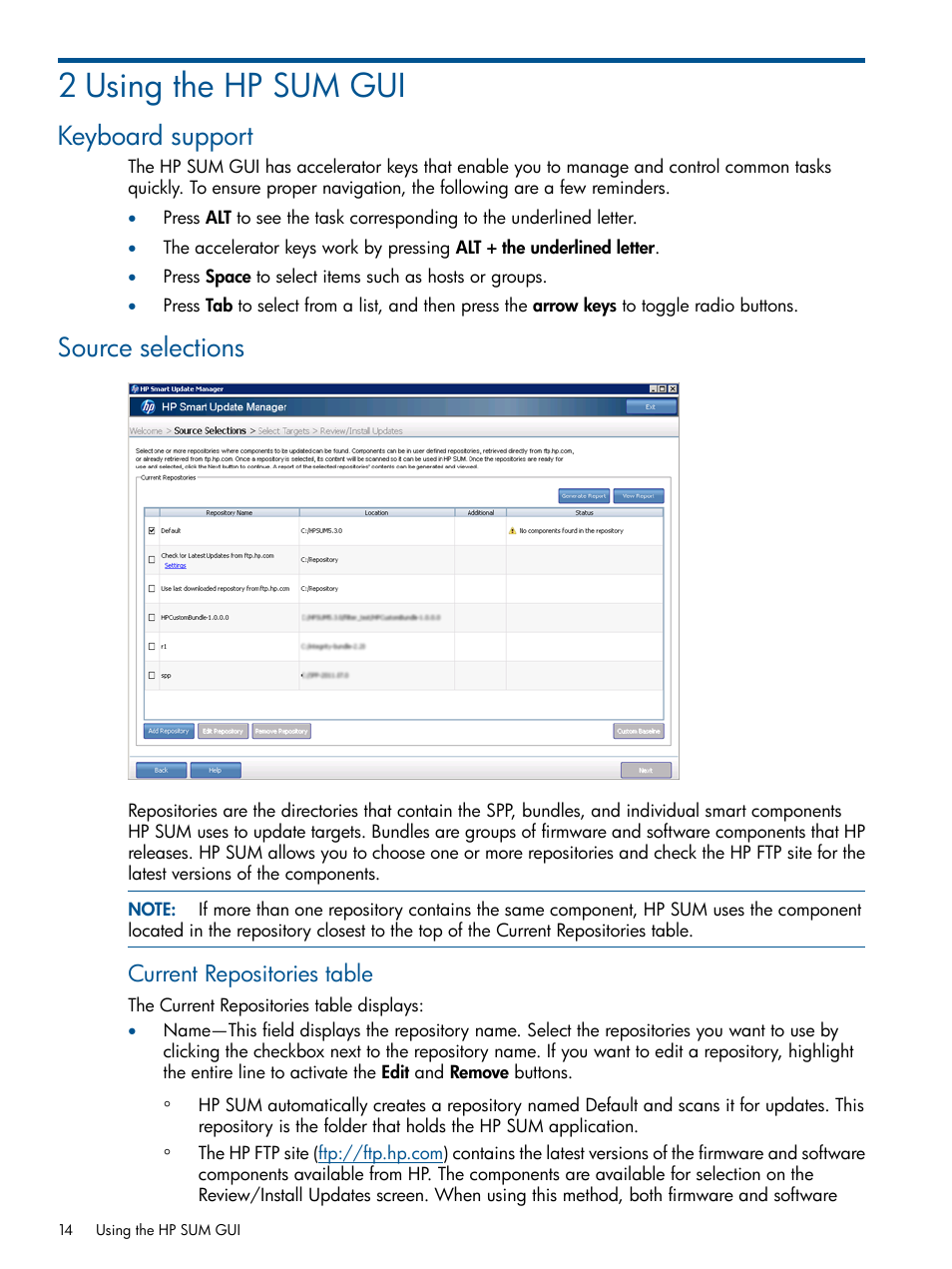 2 using the hp sum gui, Keyboard support, Source selections | Keyboard support source selections, Current repositories table | HP Smart Update Manager (User Guide) User Manual | Page 14 / 79