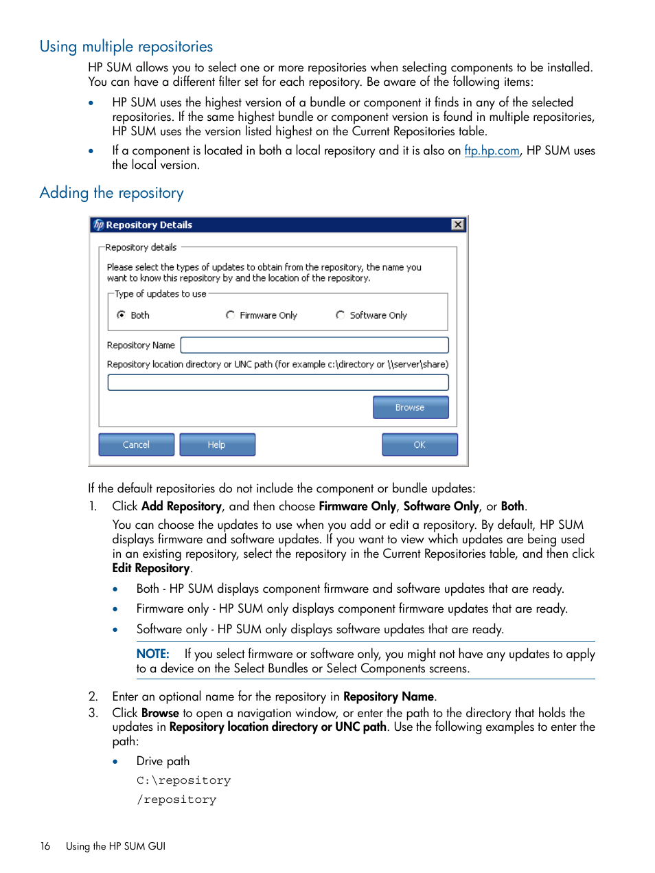 Using multiple repositories, Adding the repository, Using multiple repositories adding the repository | HP Smart Update Manager (User Guide) User Manual | Page 16 / 79