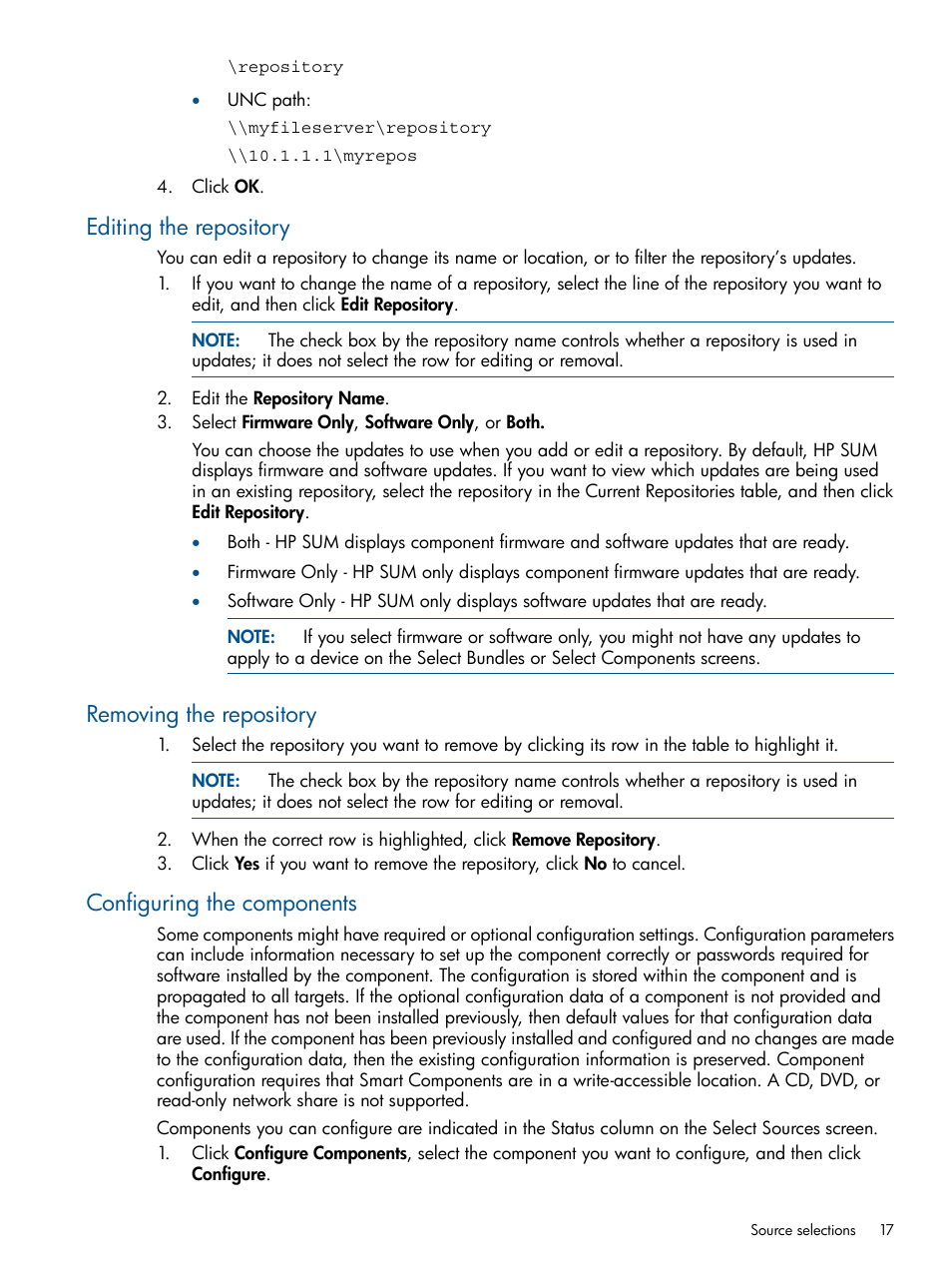 Editing the repository, Removing the repository, Configuring the components | HP Smart Update Manager (User Guide) User Manual | Page 17 / 79