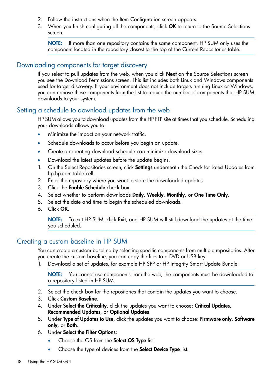 Downloading components for target discovery, Creating a custom baseline in hp sum, Setting a schedule | HP Smart Update Manager (User Guide) User Manual | Page 18 / 79