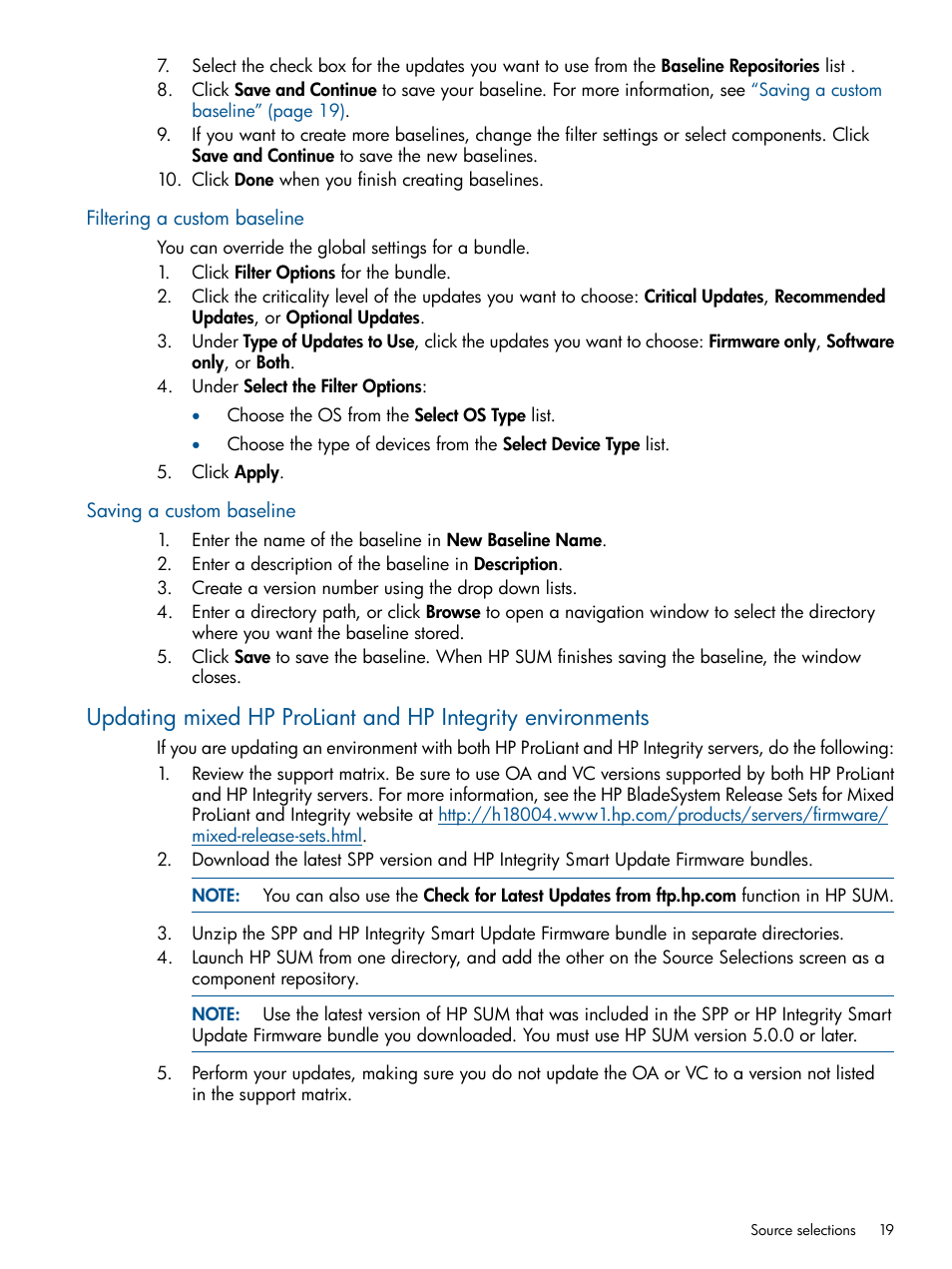 Filtering a custom baseline, Saving a custom baseline | HP Smart Update Manager (User Guide) User Manual | Page 19 / 79