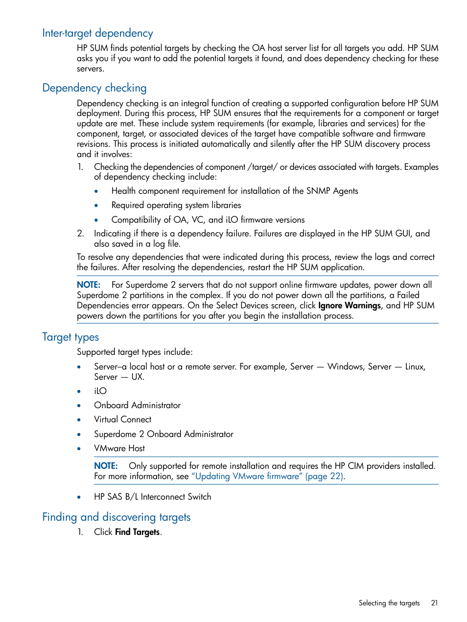 Inter-target dependency, Dependency checking, Target types | Finding and discovering targets | HP Smart Update Manager (User Guide) User Manual | Page 21 / 79