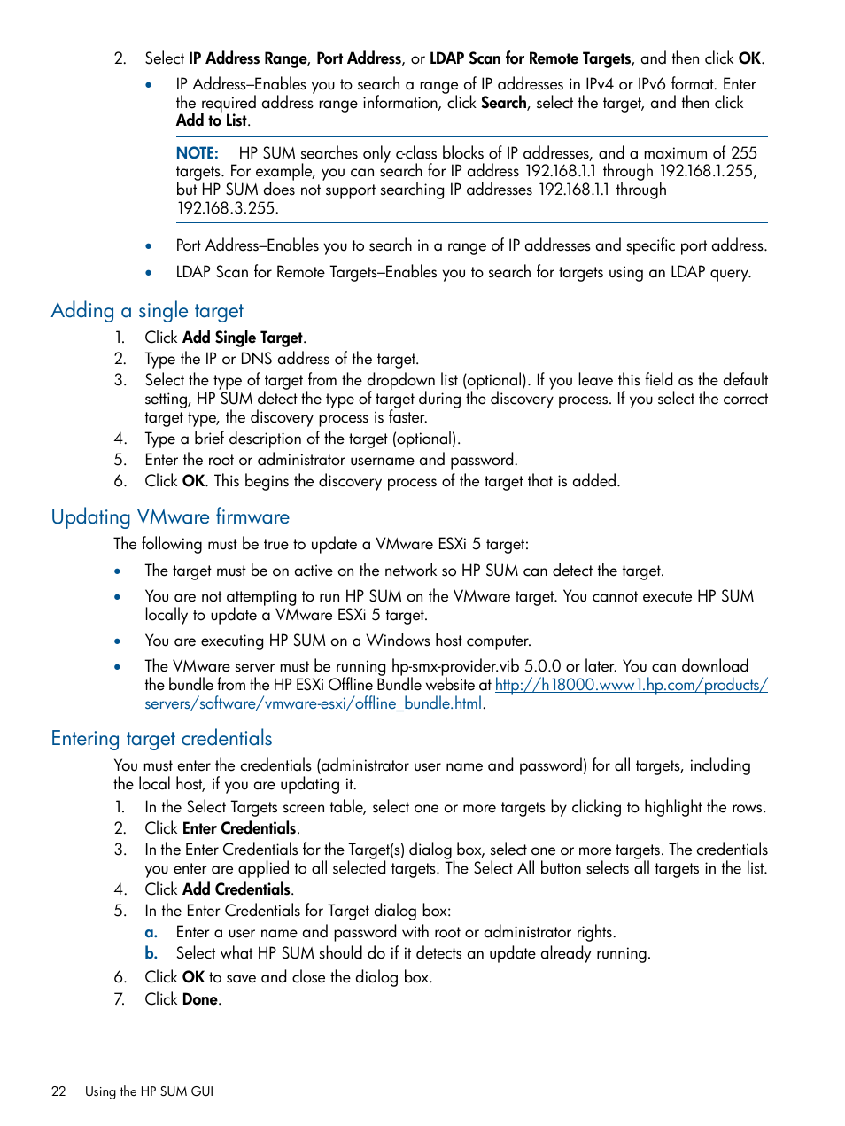 Adding a single target, Updating vmware firmware, Entering target credentials | HP Smart Update Manager (User Guide) User Manual | Page 22 / 79