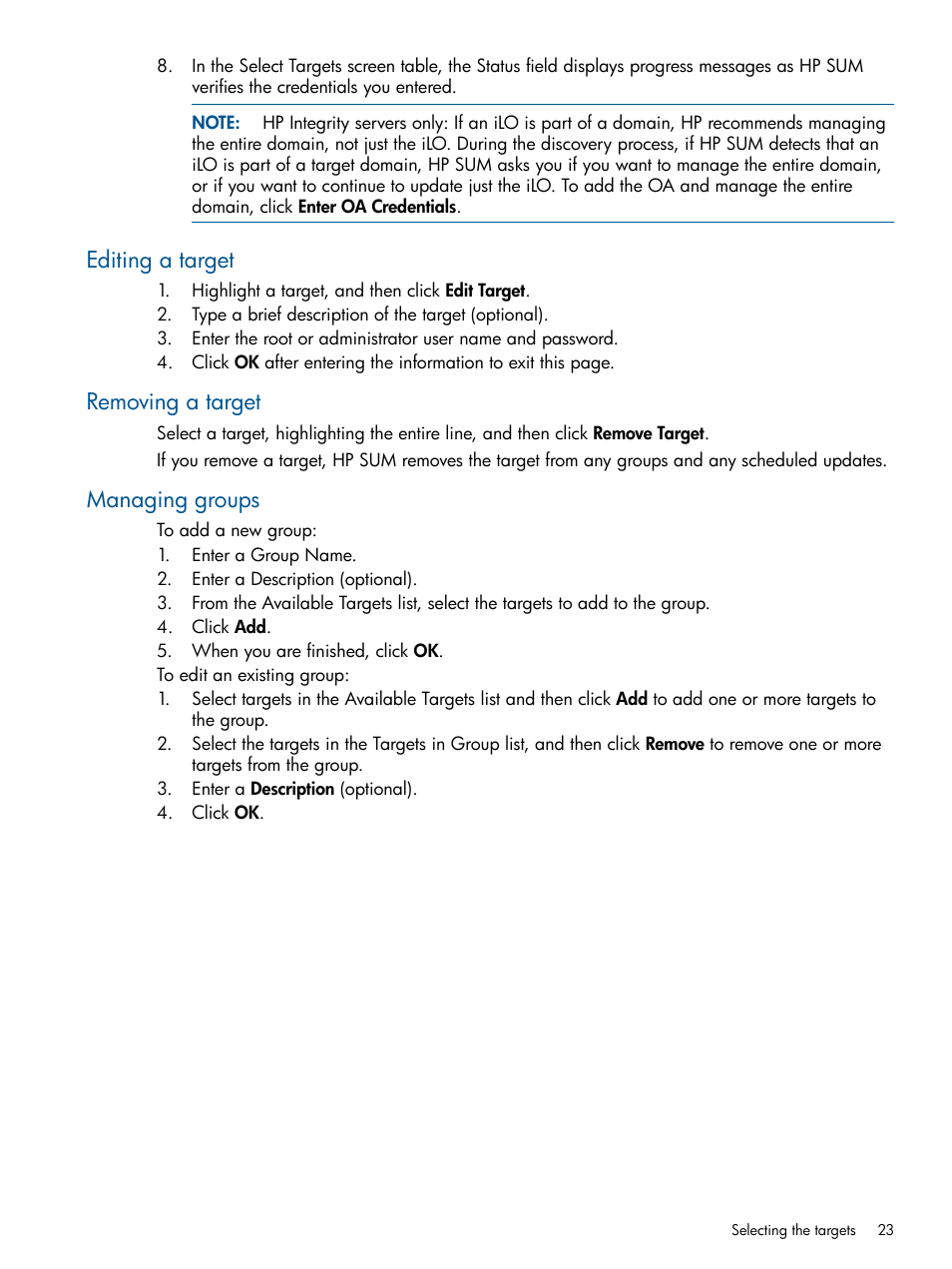 Editing a target, Removing a target, Managing groups | Editing a target removing a target managing groups | HP Smart Update Manager (User Guide) User Manual | Page 23 / 79