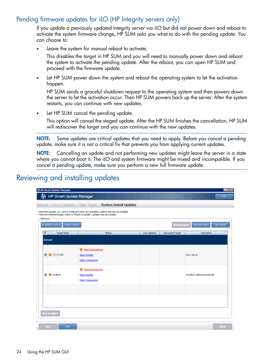 Reviewing and installing updates | HP Smart Update Manager (User Guide) User Manual | Page 24 / 79